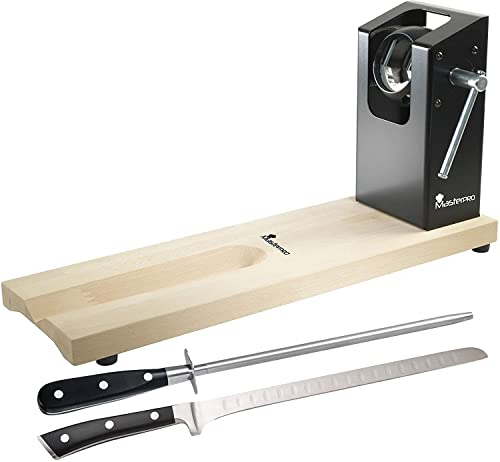Bergner PK2430 Jamonero Masterpro con afilador y cuchillo de cocina en acero inoxidable, Madera, Negro