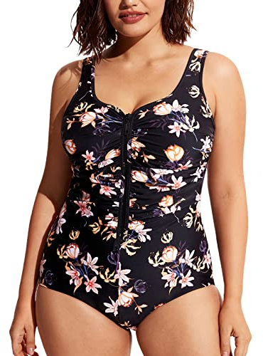 DELIMIRA - Bañador Cremallera Frontal Traje de Baño de Una Pieza para Mujer Flores en Plena floración 50