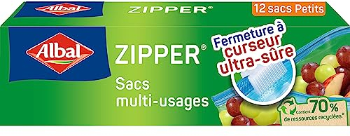 ALBAL ZIPPER Sacs multi-usages (12 x 1L), Fermeture curseur, Sachet alimentaire réutilisable pour conserver, congeler, ranger ou transporter