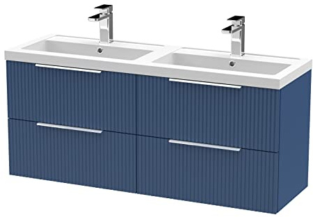 Hudson Reed DFF393C Fluted Modern Bathroom Wall Hung 4 Drawer Double Vanity Basin Unit with Twin Polymarble Basin, 1200mm, Satin Blue