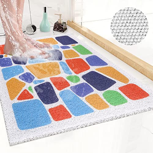 Shower Mat Non Slip Anti Mould, 40 x 60 cm Loofah Shower Mats for Inside Shower, Soft PVC Long Shower Mat with Drain for Elderly, Washable Bathtub Mat for Bathroom Wet Shower Areas, Quick Dry