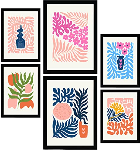Nacnic Set mit 6 minimalistischen Postern in Pastellfarben. Flower Power. Drucke von Landschaften und Natur für Innenarchitektur und Dekoration. A3 & A4 schwarze Rahmen.