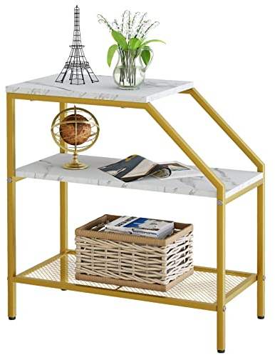 Wolawu Beistelltisch 3 Etagen Weiß Marmor Holz Nachttisch mit Stauraum Leiter Regal Sofa Beistelltisch für kleinen Raum Moderne Trapezmöbel Pflanzenständer im Wohnzimmer Schlafzimmer Gold