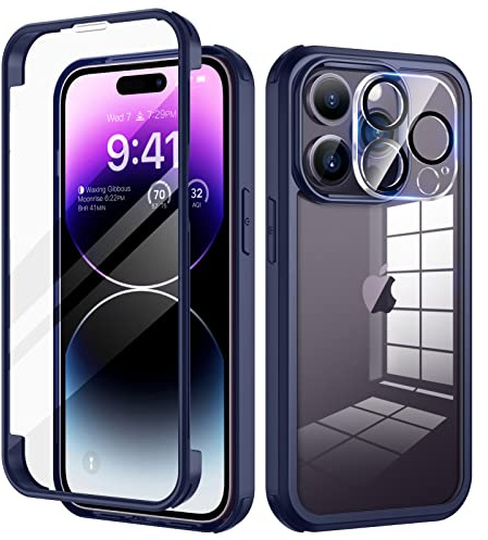 seacosmo Cover per iPhone 14 Pro Max, Vetro Temperato 9H Integrato per Schermo, Pellicola HD per Protezione Fotocamera, Custodia Rugged 360 Gradi Antiurto, Fronte e Retro Doppia Faccia Case, Blu