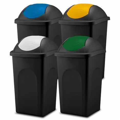 Home Centre Set of Four Swing Top Plastic Waste Bins 30 Litre Kitchen Recycling General Trash Recycled Rubbish Colour Code Management Containers Premium Quality Safe Dustbin Made in Italy