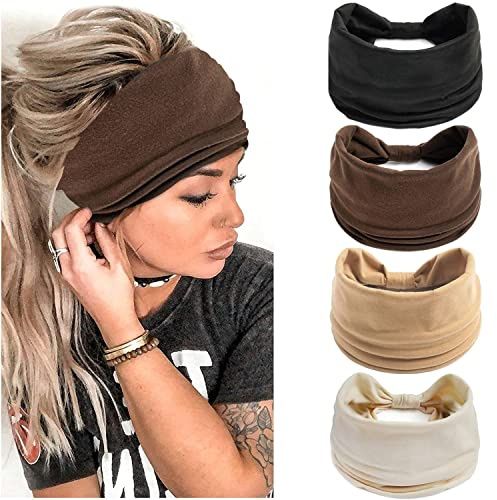 4 breite Stirnbänder für Damen, modische Haarbänder, rutschfest, elastisch, geknoteter Turban, Sport-Schweiß-Stirnband für Yoga, Laufen, Fitnessstudio
