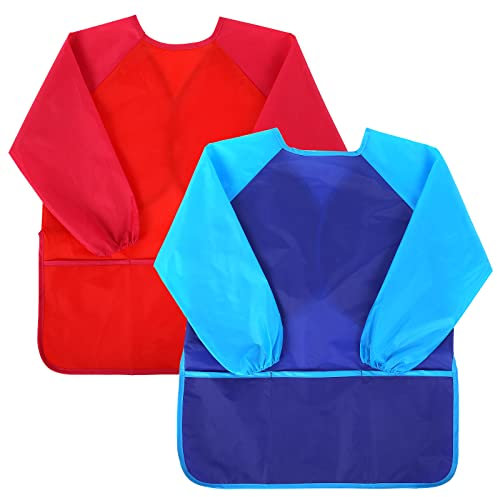 2 Pack Kids Art Aprons, Kids Art Smock with Long Sleeve and 3 Pockets Waterproof Artist Painting Aprons for Painting Cooking Eating Arts & Crafts Childs Paint Apron for Children Ages 3-8 Blue+Red