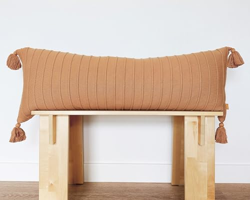Lumi Living Kissenbezug aus 100 % weicher Baumwolle, gestreift, gerippt, mit Quasten, 35,6 x 91,4 cm, gebackener Ton