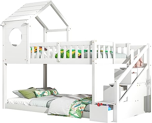 Azkoeesy Litera Infantil 90 x 200 cm, Cama Infantil en Forma de casa para 2 niños, con Escalera y 3 cajones, somier, Pino, Color Blanco