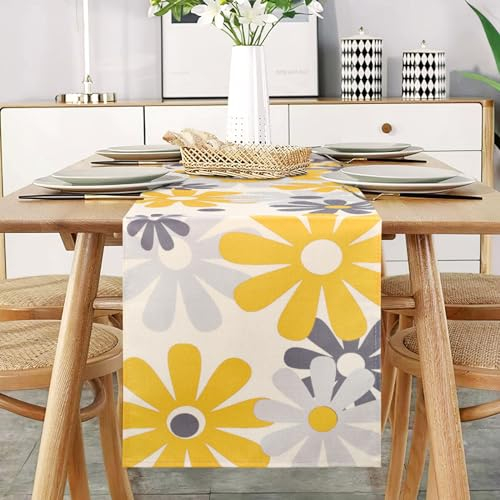 Table Runner Flowers Modern Yellow Grey Table Runner Tablecloth Restaurant Decoration Linen Wrinkle-Free Non-Slip Table Runner Decorative Table Linen Dining Table Party Wedding Place Mats Washable 40