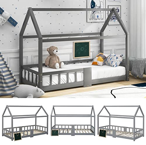 AMDXD Home Kinderbett Hausbett 90 x 200 cm, Holzbett für Kids, inkl.Tafel, Lattenrosten, Rausfallschutz, Hochbett aus Kiefernholz, für Kinder, Grau (ohne Matratze)
