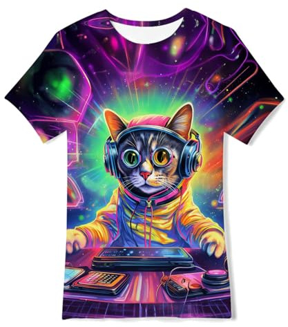 Fanient Tshirt Jungen Mädchen Cooler Weltraumkatzen Druck Tshirts Kinder 3D T-Shirt Tägliches Tragen Shirt 9-12 Jahre M