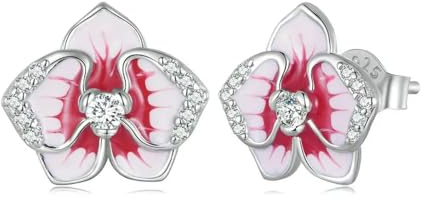 WEAV 925 Sterling Silber Rosa Schmetterling Orchidee Ohrstecker Emaille Phalaenopsis Blume Ohrringe Für Frauen Edlen Schmuck