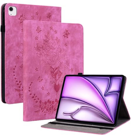 Case for iPad Air 11-inch M2 2024 M3 2025/10.9 Air 5th Generation 2022/10.9 Air 4th 2020 Floral Case for Women with Pencil Holder Shockproof Stand Cover for iPad Air 11 /Air 5 4 Gen Deep Pink
