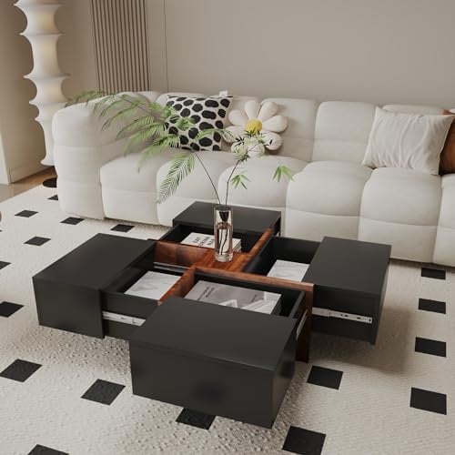 BERA DESIGN Black Square Coffee Table with Storage Drawers, Black Coffee Tables Living Room, Smart Square Coffee Table with 4 Drawers, Save Space Coffee Tables - 80x80x35 cm