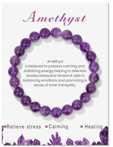 LOCCY Echtes Naturstein Armband für Damen, 4mm Perlenarmband Yoga Armband für Muttertag Geburtstag Valentinstag Geschenke für Mama Tochter Oma Enkelin Schwester (8mm-Amethyst)