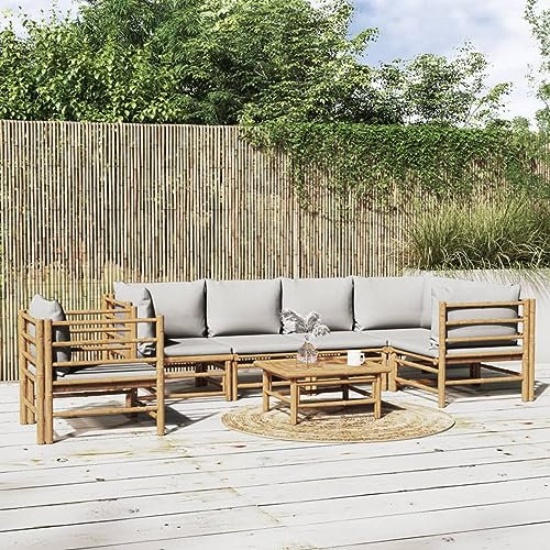 heybb Salon de Jardin 7 pcs avec Coussins Gris Clair Bambou,Terrasse Jardin Exterieur,Salon De Jardin Bas,Sièges De Terrasse