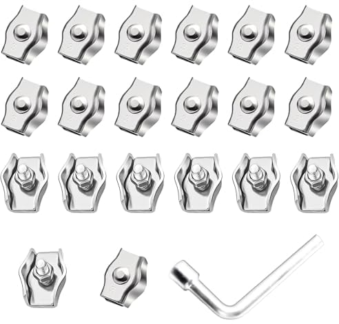 20 Pcs M3 Stainless Steel Wire Rope Clamps, Wire Rope Clips, Heavy Duty Cable Clamps Rope Grips, Single Wire Rope Cable Fastening Clips for Clothesline Awning Banners, with 7mm Wrench