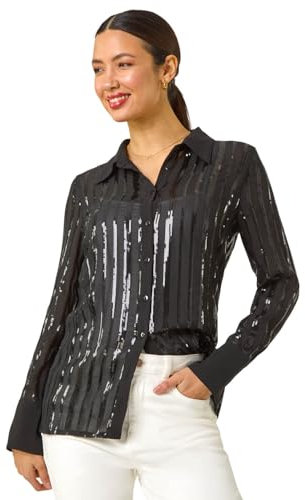 Roman Shirt for Women Ladies Cotton Blouse Button Through Tunic Printed Top Work Long Sleeve Smart Casual Going Out Work Office V Neck Everyday Evening Event - Noir Sparkle - Size 12
