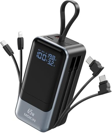 Portable Charger 65W, Power Bank Battery Pack with Built in Cable, 4 Outputs, USB C Powerbank Fast Charging, Travel Chargers for iPhone 16/15/14/13/12 Series, Samsung, Laptop, MacBook, Dell XPS, iPad
