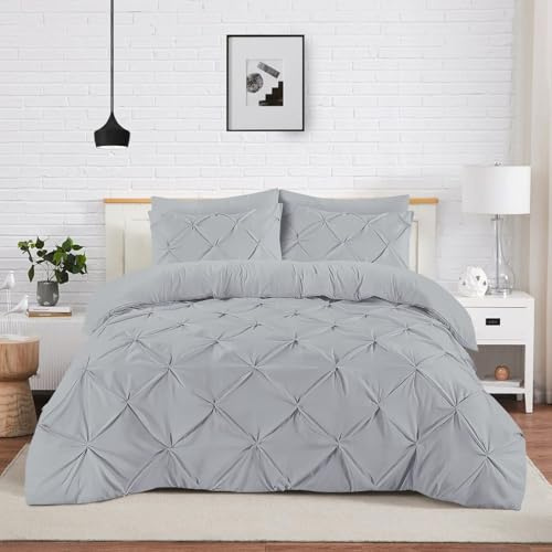 CONCEPT HOME Luxury Pintuck Duvet Cover KING Bed Set, Easy Care Pinch Pleat Polyester Cotton Blend with 2 Pillowcase SILVER