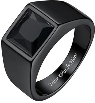 Bestyle Herren Ring Edelstahl mit Schwarzem Stein Bandring Schwarzer Onyx Biker Ring mit Gravur, 8 * 8mm Achat Pinky Daumen Ring für Papa Vater Personalisierter Schmuck Geschenk, Größe 65, Schwarz