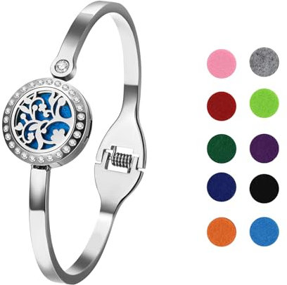 Cupimatch Bracelet Diffuseur d'huiles Essentielles Arbre de Vie Aimant Ronde Ouvert en Acier Inoxydable avec 10 pcs Recharge Coussins Lavable,Coffret Cadeau Femme pour Noël Anniversaire Saint-Valentin