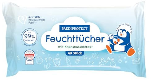 PAEDIPROTECT Toallitas húmedas 3 x 48 unidades, toallitas sensibles al agua para bebés con 99% de agua sin fragancias, para la delicada piel del bebé y los niños, con extracto de coco, sin