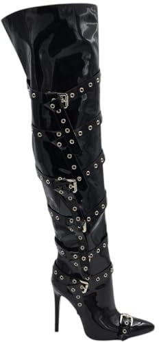 Stivale Alto Donna Nero a Punta Lucido Vernice Effetto calzino Tacco Sottile 12 cm sopra al Ginocchio Fibbie e Cinturini (39 EU)