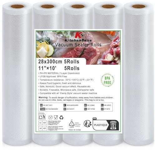 KitchenBoss Rouleau Sous Vide Alimentaire:5 Packs Sac Sous Vide Alimentaire 28x300cm, Sachet Sous Vide Alimentaire Convient à la Cuisson Sous Vide, Appareil de Mise Sous Vide et Micro-onde