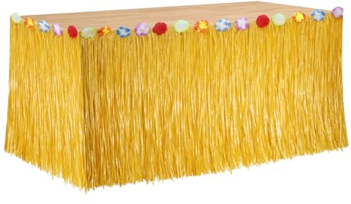 Jupe de table en herbe pour luau, décorations de fête hawaïennes - Jupe de table hawaïenne 75 x 275 cm avec fleurs d'hibiscus - Jupe de fête jaune en paille pour fête hawaïenne à thème luau