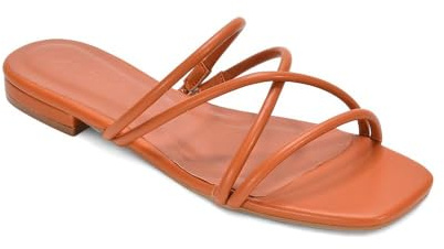 ESSEX GLAM Women's Strappy Slider Ladies Synthetic Leather Flat Slip On Square Toe Summer Casual Holiday Mule Sandals Size 3-8