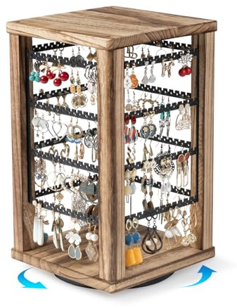 Emfogoo 360° Drehbare Ohrringe Aufbewahrung, Rustikaler Holz Ohrringständer, 4 Tiers Schmuck Display für Ohrstecker, Ohrringe & Halsketten, Geschenke für Frauen und Mädchen