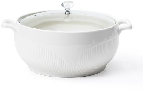 BOLIWANAY Large Ceramic Soup Tureen With Glass Lid - Porcelain Big Serving Bowl with Handles for Restaurant, Home Kitchen Decoration - Cute Covered Tureen, White, 3.5QT