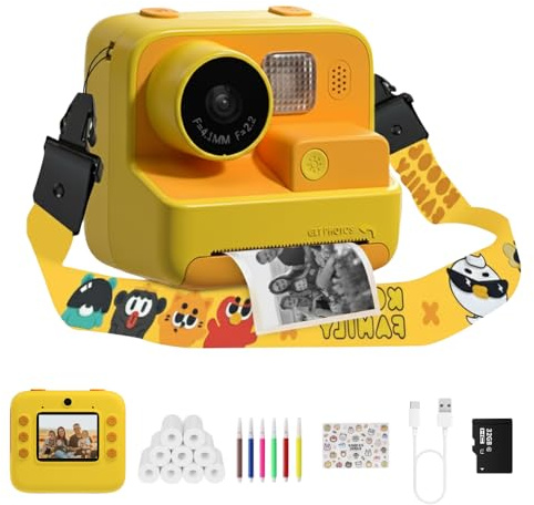 Kids Kam The OG Instant Print Camera, 48MP Kids Digital Camera for Girls Boys Birthday with 32GB TF Card, 3 Rolls of Printing Paper, 6 Colour Pens (Yellow + 9 Rolls)