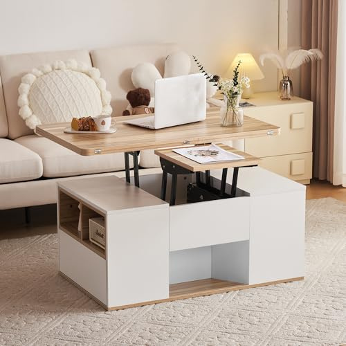 Bladez Couchtisch mit höhenverstellbarer Platte | 2-in-1 Multifunktionstisch, Mit 2 Schubladen & Schrank | Weiß & Holzumwandelbar in Esstisch | (White +Wood+ Particle Board)