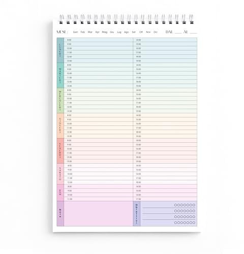 Rivoluzionario Planner Settimanale da Tavolo Verticale A4, Formato Standard Ma Più Spazio sulla Scrivania - Planning Spiralato Senza Date Italiano con Obiettivi e note, 50 Fogli