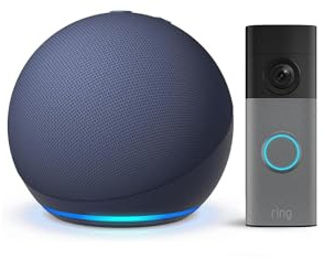 Echo Dot (Neueste Generation), Tiefseeblau + Ring Akku-Videotürklingel (Battery Video Doorbell) (neueste Gen.), Gesprenkeltes Grau