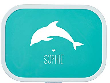 4youDesign Personalisierte türkise Brotdose -DELFIN Silhouette- mit Namen – inkl. Bento Box & Snack-Gabel für Schule & Kindergarten, Geschenk für Kinder (Türkis)