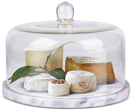 Flexzion Marble Cake Stand with Lid Round Glass Cover Glass Dome Cake Saver Cheese Holder Serving Platter Stone Cake Stand Cutting Board Slab Set for Kitchen Dining Bakery Pastries Display, 11 Inches