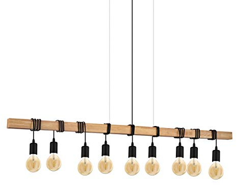 EGLO Pendellampe Townshend, 9 flammige Vintage Pendelleuchte im Industrial Design, Retro Hängelampe aus Stahl und Holz, Farbe: Schwarz, braun, Fassung: E27