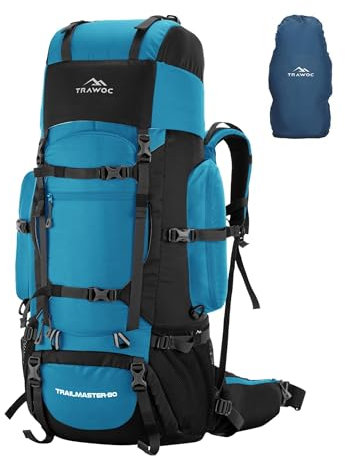 TRAWOC TRAILMASTER 80L Rucksack Tasche für Damen & Herren Groß Wasserabweisend Trekking Wandertasche Reiserucksack, Himmelblau, 80L, Casual