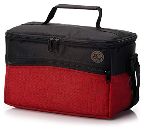 BAMBINIWELT Tasche für Toniebox, Musikbox-Tasche, für Hörwürfel kompatibel mit Toniebox und Tigerbox Touch, verstellbare Innenfächer, Netzfach für Zubehör, Toniebox Tasche (rot meliert)