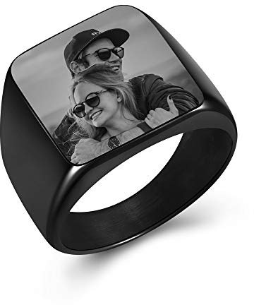 Sunligoo Herren Ringe Siegelring Edelstahl mit Gravur Foto/Text Personalisiert Bandringe Punk Vintage Breit Schwarz Ringe