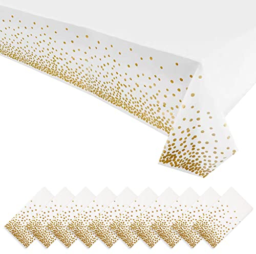 Rainmae Dot Tischdecken,10 Stück Weiß Gold Konfetti Party Tischdecken Rechteckige wasserdichte Einweg Tischdecke für Party Hochzeit Picknick Geburtstag Jubiläum 137 x 274cm