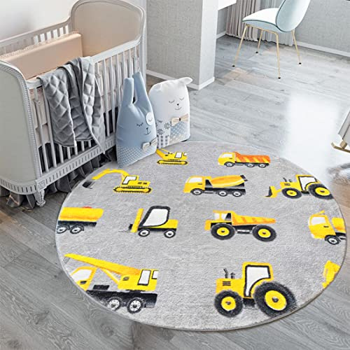 Poowe Runder Bauteppich für Kinder, LKW, weich, flauschig, Kinder-Bauteppich für Spielzimmer, rutschfester Bagger, Kinderzimmer, Teppich für Jungenzimmer, 122 cm