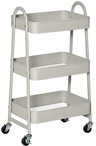 HOMCOM Carrito de Cocina de Acero con Ruedas Carro de Almacenamiento de 3 Niveles y Frenos para Baño Salón Dormitorio Oficina 45x31x79,4 cm Gris