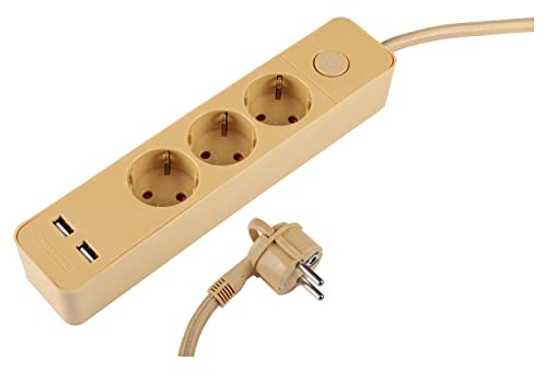 Q-LINK Steckdosenleiste mit USB - Mehrfachsteckdose - 3 Steckern und 2 USB-Anschluss - Verlängerungskabel mit Schalter - Flachstecker - 1.5 Meter Kabel - Schutzerdung - Metallic