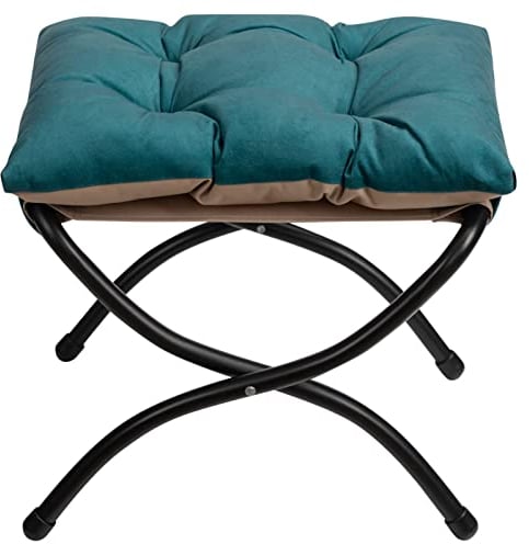 HollyHOME Fußhocker Klappbar Fußablage Fußstütze Faltbar Sitzhocker mit Metallbeinen Fusshocker mit Abnehmbar Gepolsterte Sitzfläche, Pfauenblau