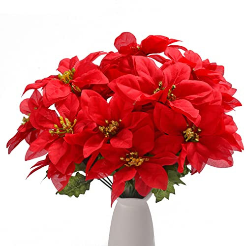 Cymax 4 Pcs Poinsettia Artificial Christmas Flowers 7 Head Fake Poinsettia Bush Flowers Silk Fabric Floral Decorative Ornament for X’mas Tree Wreath Decor Holiday Home Wedding Party Decoration